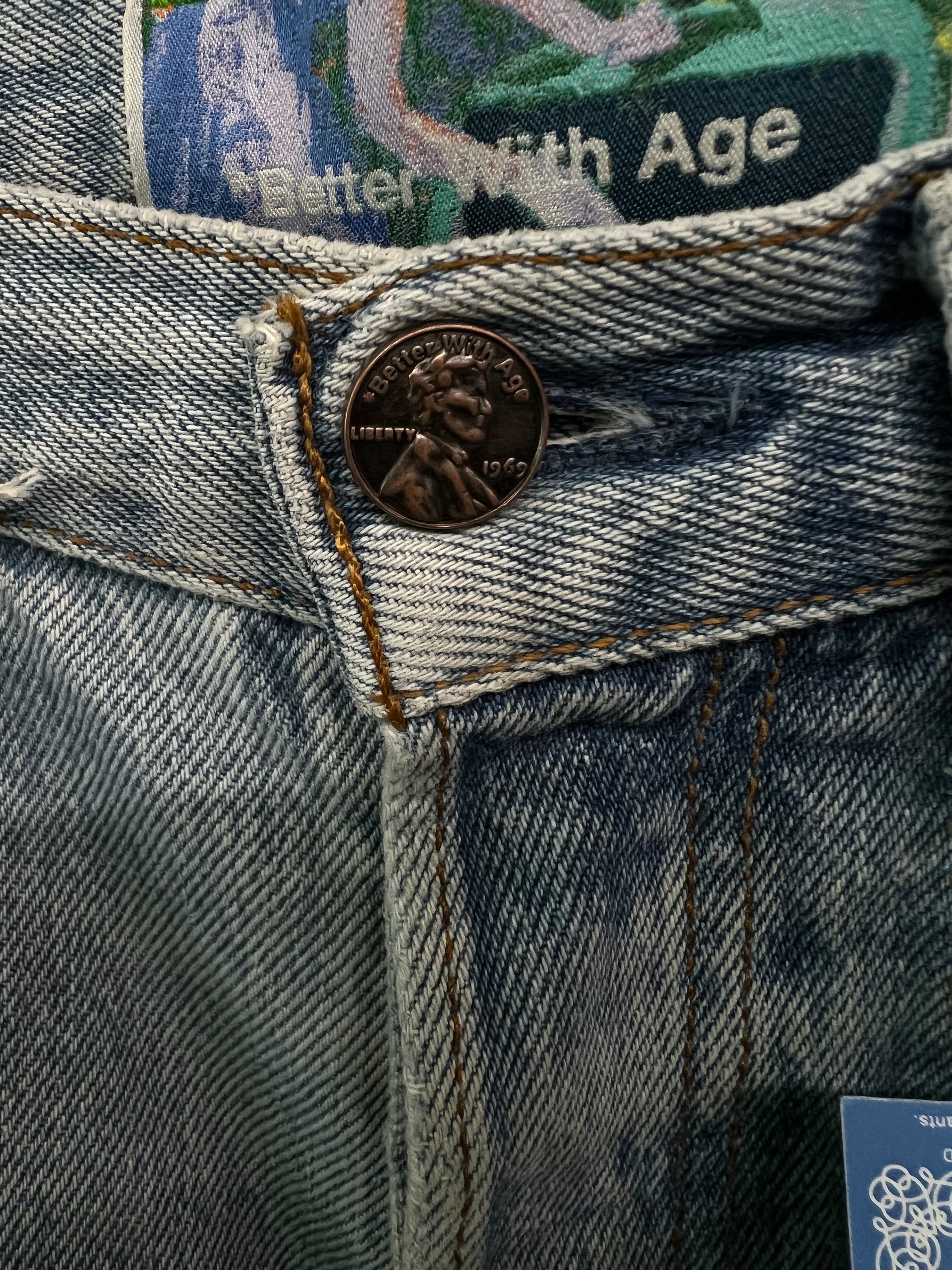 Better With Age Reconstructed Denim Shorts Embroidered