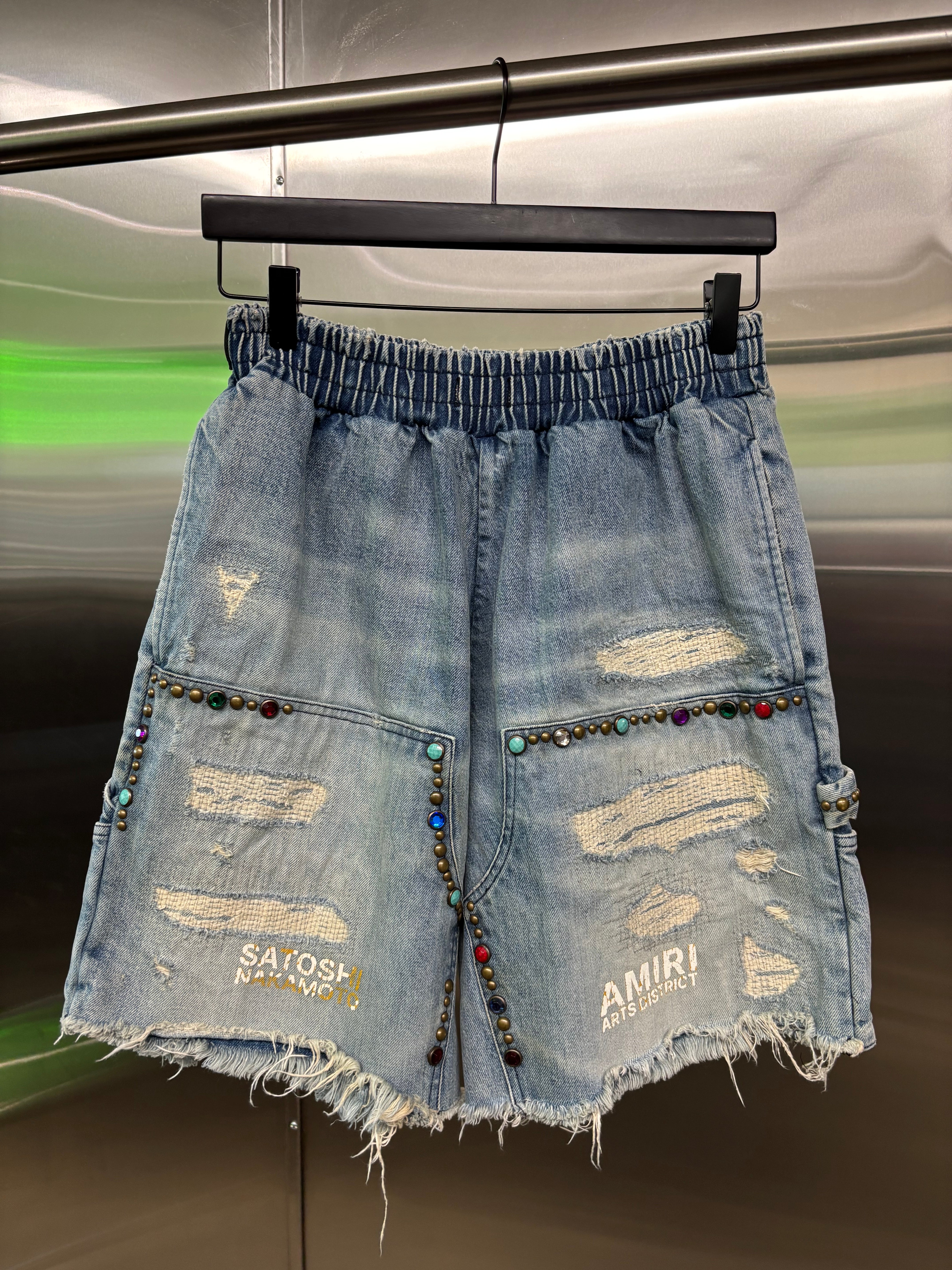 Satoshi Nakamoto x Amiri Denim Studded shorts