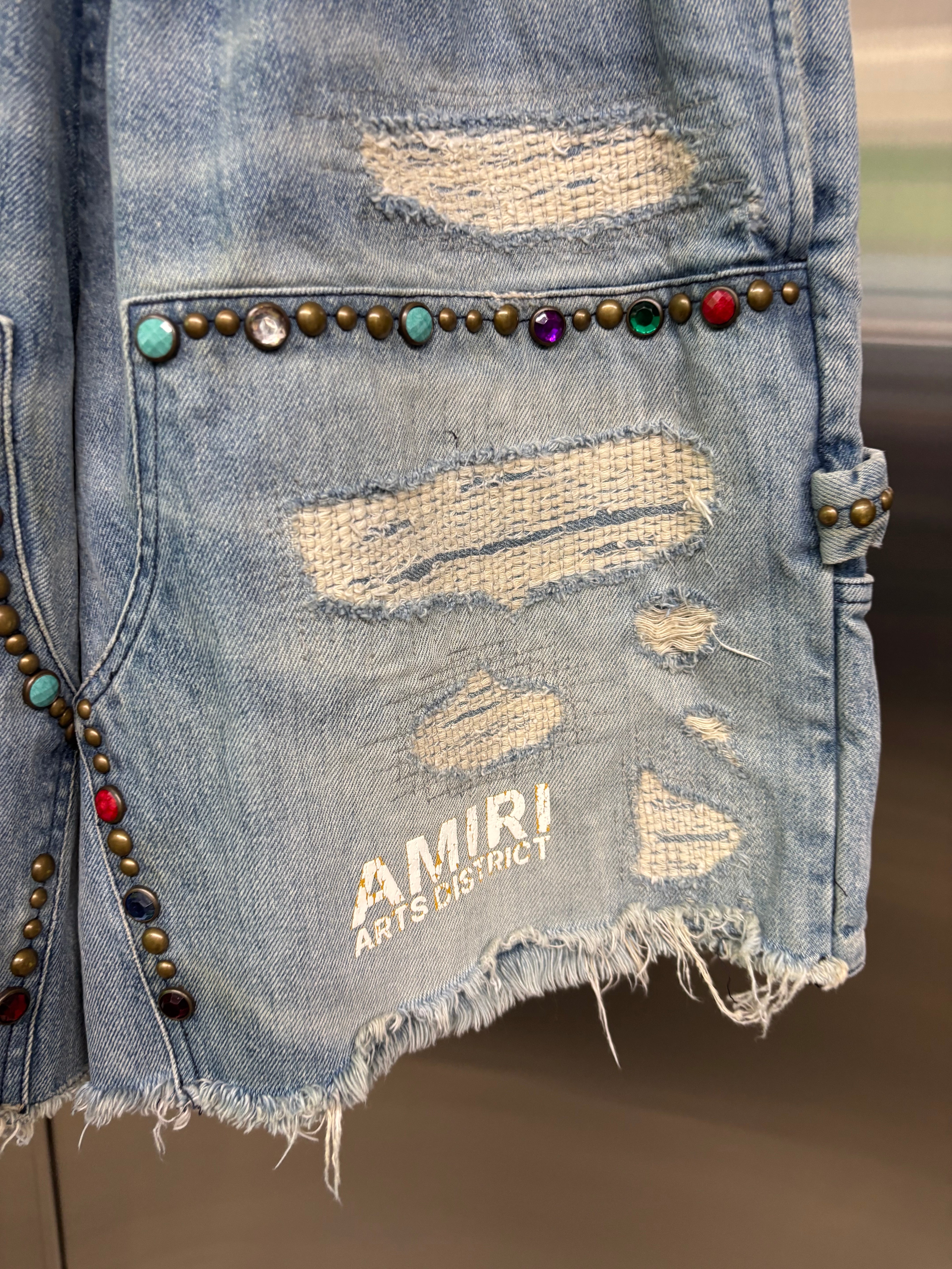 Satoshi Nakamoto x Amiri Denim Studded shorts