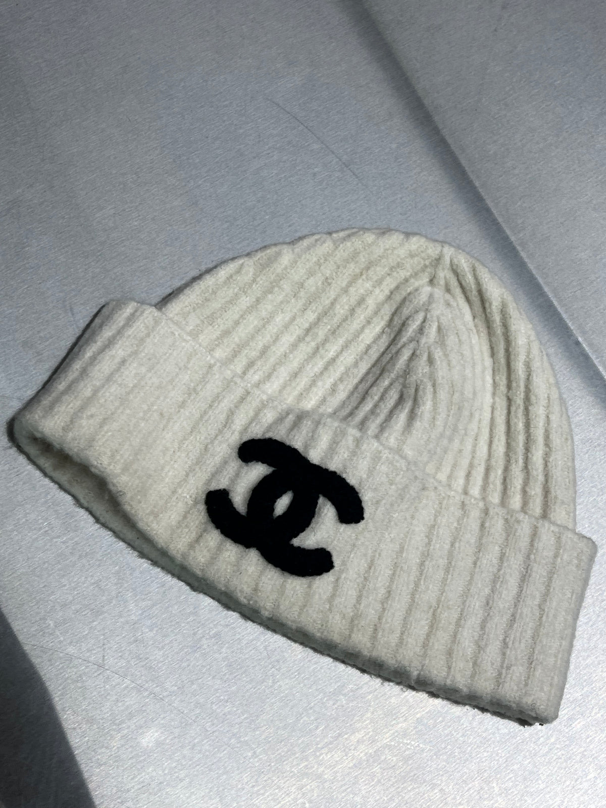 Chanel White cream Black CC logo Beanie