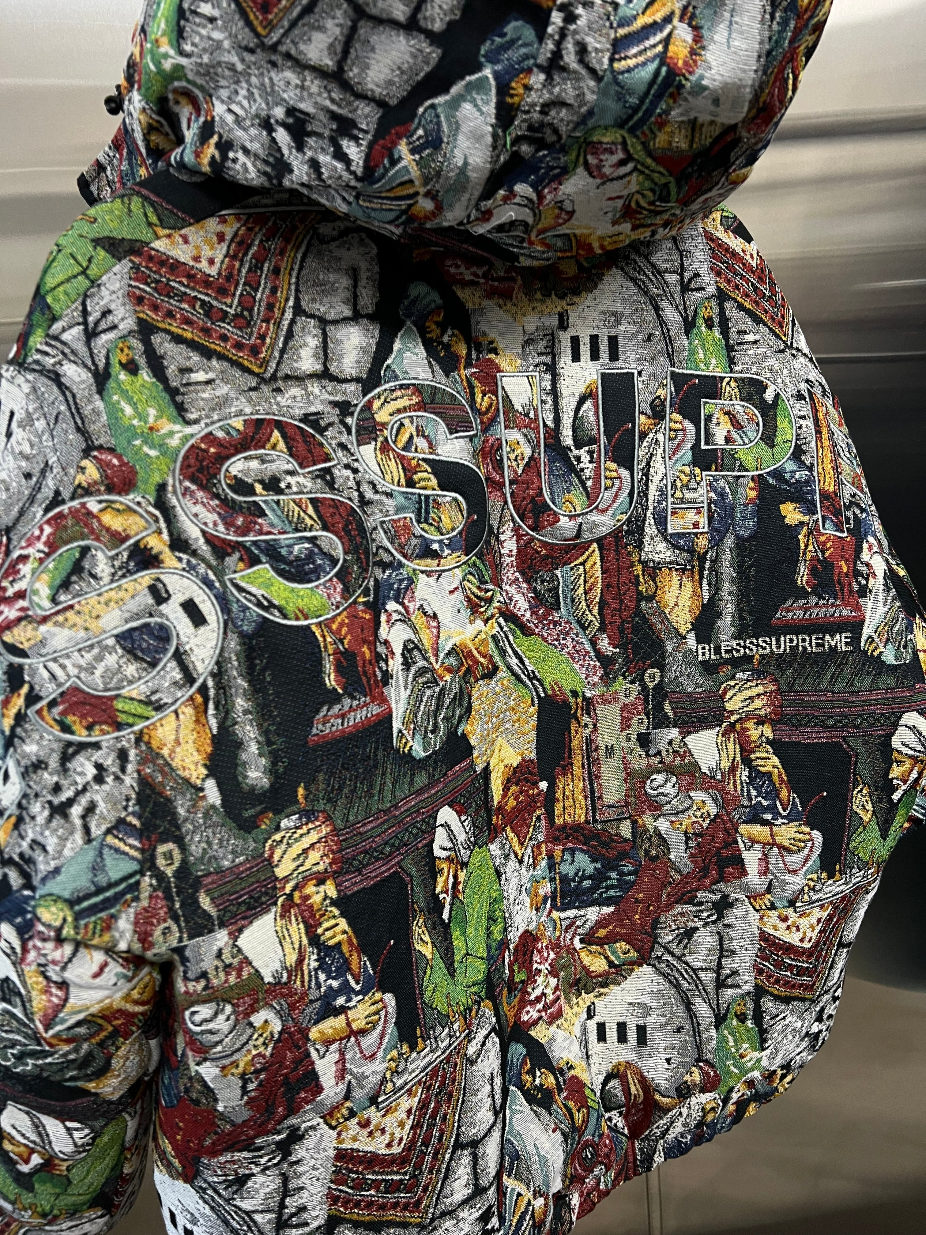 Supreme bless tapestry puffer jacket