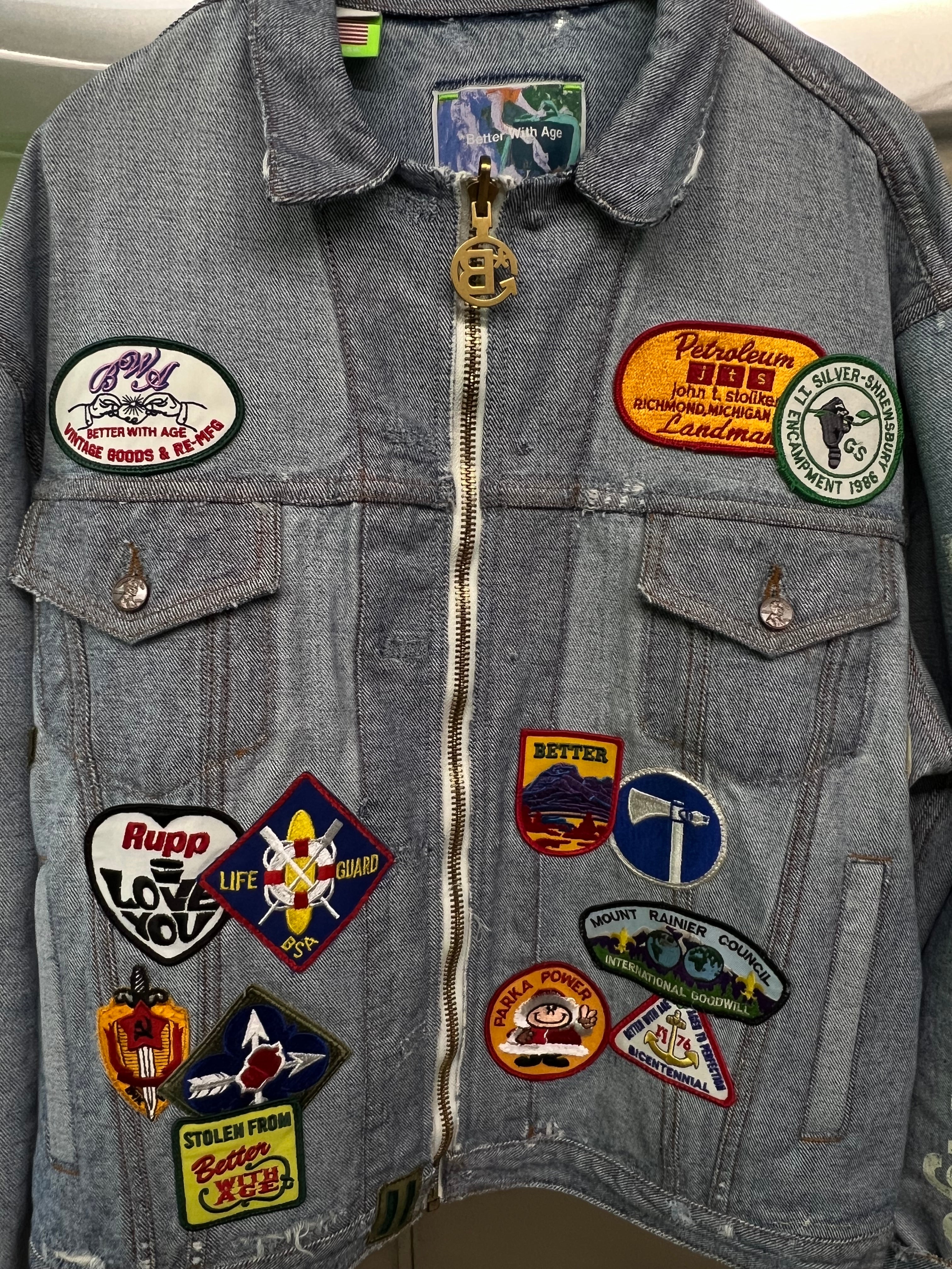 Better With Age Reconstructed Denim Trucker Jacket Embroidered Patches