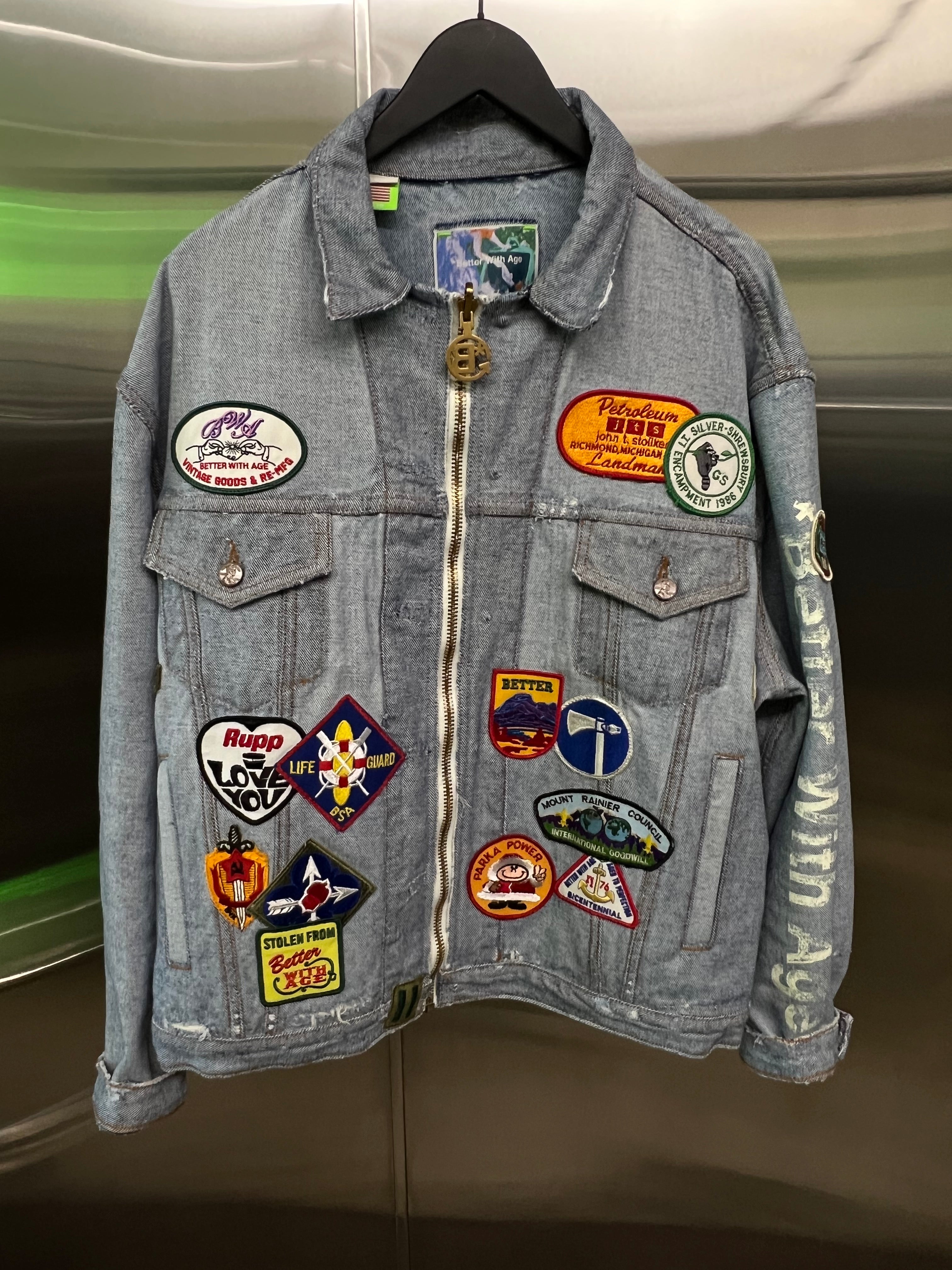 Better With Age Reconstructed Denim Trucker Jacket Embroidered Patches